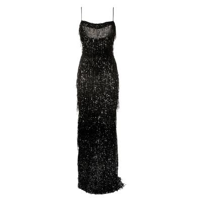 China 2022 New Breathable Fashionable Spaghetti Strap Long Maxi Sequined Black Gown Elegant Women Dress Party Evening Gowns for sale