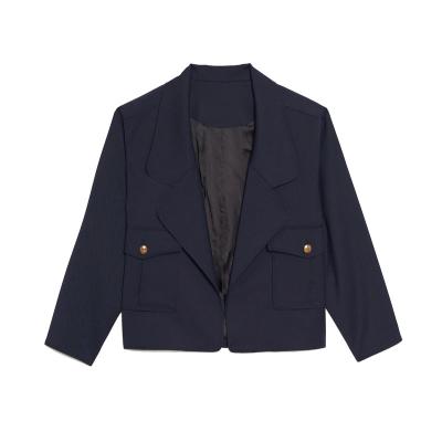 China 2022 Latest Design Spring Fashionable Short Casual Women's Single Button Breathable Blazer Jackets Navy Blue for sale