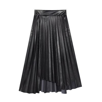 China New Breathable Fashion Casual Women's Fashion Pleated Leather Skirt Summer Black Long Skirt for sale