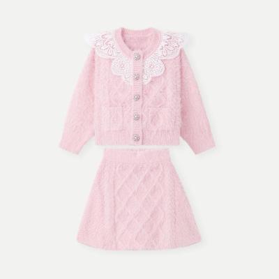 China Newest Design 2022 Washable High Quality Long Sleeve Cute Pink Soft Sweater Knitted Skirts Babies Clothing Sets for sale