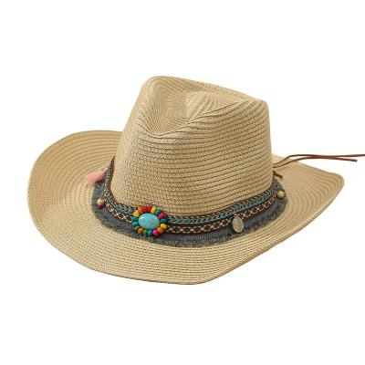 China 2023 Women Sun Protection Straw Hats Ladies UV Sun Hat Men Cowboy Bohemian Decoration Floppy Sun Visor Wholesale Beach Summer for sale