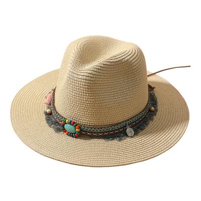 China 2023 Sun Protection Ladies Dress Paper Lifeguard Straw Beach Hats Summer Bohemian Protection Tassel Visor UV Foldable Soft Sun Visor Hat for sale