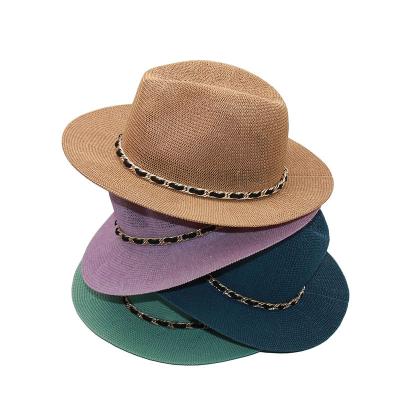 China 2023 Fashion Striped Chain Fedora Panama Beach Hats Metal 10 Colors Breathable Stylish Jazz Ladies Party Hat Cooling Sun Hats Summer for sale