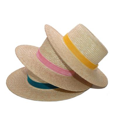 China 2023 Women Fashion Velvet Ribbon Straw Hats Fedora Flat Top Summer Sun UV Ladies Hats Striped Wide Brim Beach Hat Dress for sale