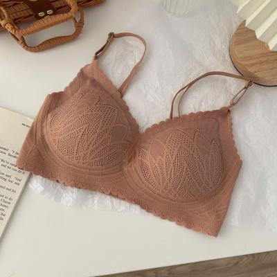 China Women's V-Neckline Women's Soft Bras Wireless Thin Underwear Lace Deep Colored One Piece Girl for sale