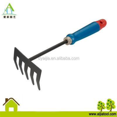 China Metal With PP Handle Garden Lawn Rake 5 Tooth Trowel Powder Coated Hand Tool PP Handle for sale