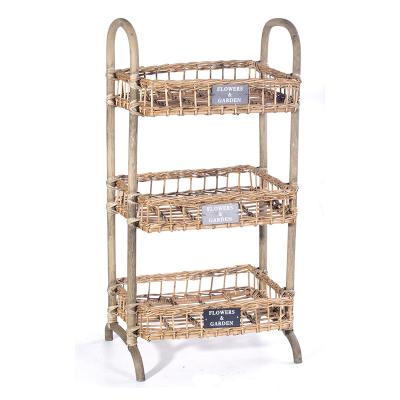 China 3 Layers Sustainable Rattan Food Fruit and Vegetable Storage Display Rack Handcrafted Rack Shelf with Wheels for sale