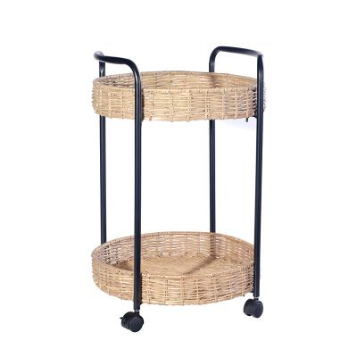 China 2 Layers Sustainable Rattan Fruit and Vegetable Storage Display Rack Handcrafted Plastic Rack Shelf with Wheels for sale