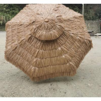 China Two Patterns Hawaii Traditional Wooden Umbrella Garden Artificial Straw Raffia Parasol for sale