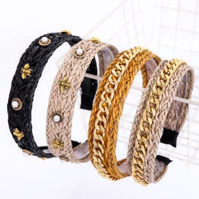 China CLARMER New Environmentally Friendly Fashion Hair Accessories Wholesale Handmade Raffia Hair Band Braid Pearl Bee Straw Headband for sale