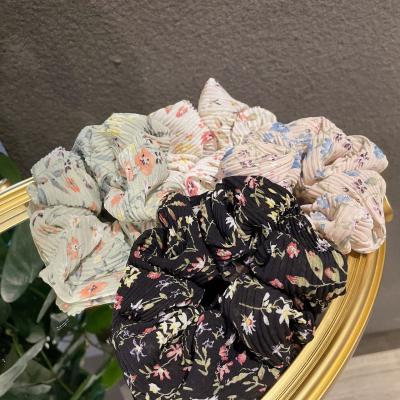 China Cute Women Girls Pleated Chiffon Fabric Flower Hair Scrunchies Fashion Hair Scrunchies Scarf Scrunchies CLARMER NEW for sale