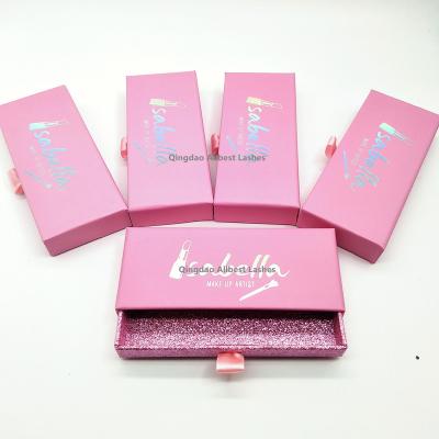 China Recycled Materials Rectangle Drawer Holographic Pink Eyelashes Packaging Custom Paper Eyelash Box for sale