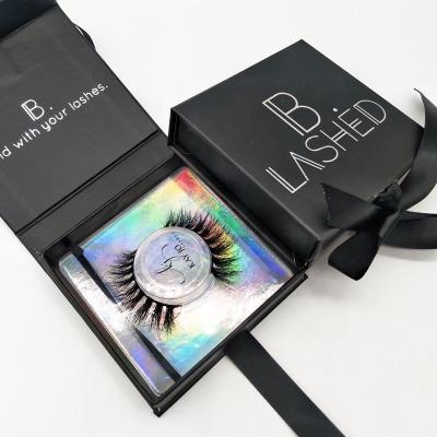 China Other Private Label Clean Brand Matte Black Silver Holographic Base Square Eyelash Packaging Box With Ribbon for sale