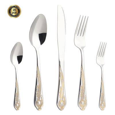 China Sustainable Luxury Silverware 430 Gold Carved Set 20 Piece Flatware Set Stainless Steel for sale