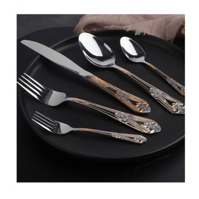 China Viable Fancy Design Embossed Stainless Steel Cutlery Set Cheapest Price 5pcs 20pcs Dishwasher Safe Flatware Sets for sale