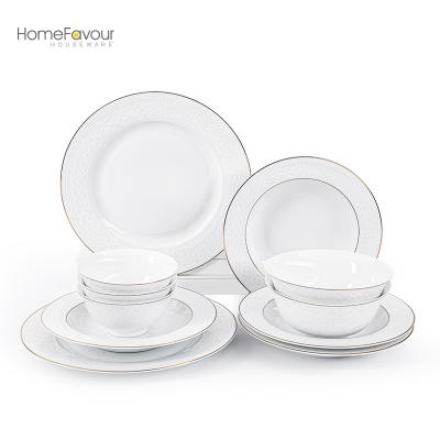 China Sustainable Silver White Porcelain Dinnerware Set , 12 Pieces Round Dinner Sets Plates And Bowls With Embossed Trays for sale