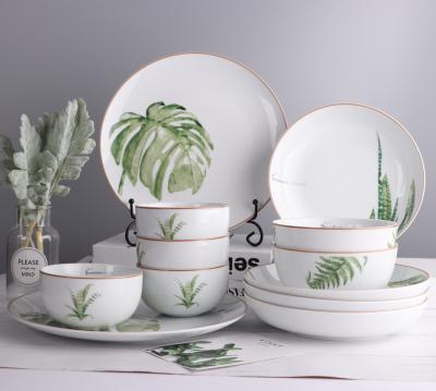 China Viable Dinnerware Factory Based Modern Ceramic Palm Leaf Dishes Set Dinnerware Round For Wedding Rentasl Made In Porcelain for sale