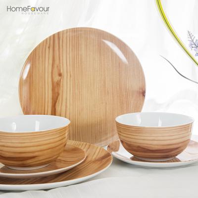 China 18pcs 3/4 Western Dinnerware For 4 Beauty Porcelain Grain Pattern White Wood Dish Bowls Set for sale