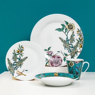 China Realistic Flowers And Birds Dinner Dishes Viable White Decal Scrap 16pcs Dessert Dish Dish Dishes Set Roll Cup Tableware for sale