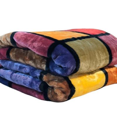 China Raschel Knitted Plush Flannel Fleece Feeling Throw Blanket Flame Retardant Colorful Plaid Design Cashmere for sale