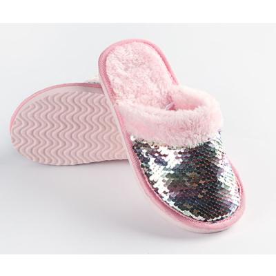 China Anti-odor fashion sequins tie up girl pink winter slide plush home slippers for sale