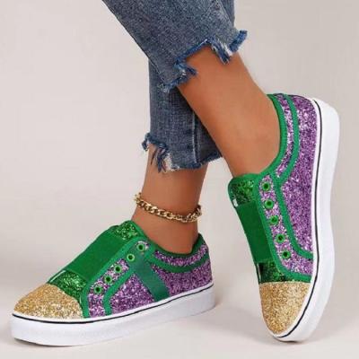 China Fashion Glitter Curvy Strap Women Flat Slip On Casual Vulcanized Shoes for sale