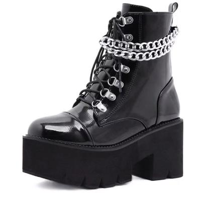 China Women Patent Anti-slippery PU Heel Tall Black Boots Women Heel Fashion High Ankle Boots Women Shoes With Chain for sale