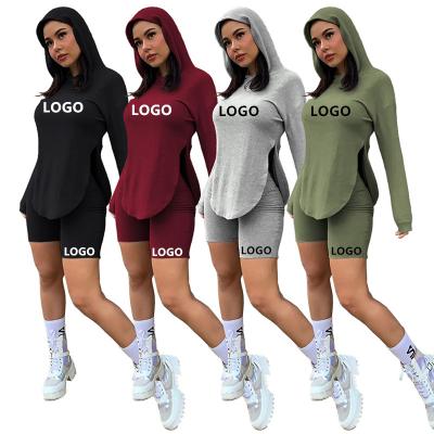 China Anti-Static 2 Piece Set Women Clothing Custom Logo Long Sleeves Hoodie And Biker Shorts Set Sport Casual Jogger Tracksuit Set Teams 00827 for sale