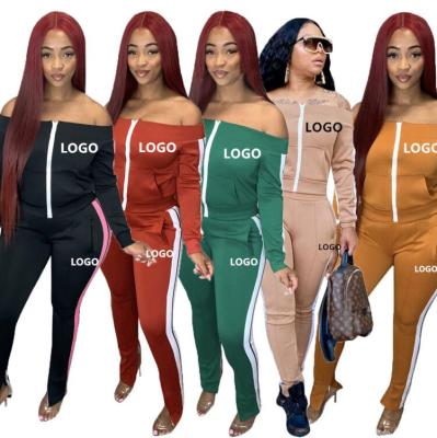 China Custom Anti-Static Two Piece Set Women Long Sleeves Off Shoulder Zip Activewear Comfortable Tracksuit Sweatsuit Outfit Matching Set LOGO S00657 for sale