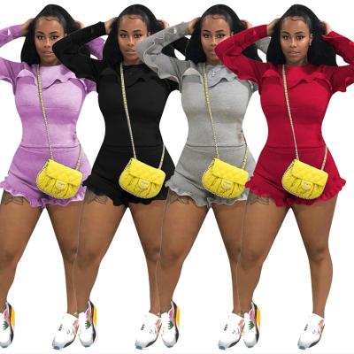 China Anti-pilling Shorts Two Piece Sets Solid Tracksuits Long Sleeve Ruffles Top Biker Shorts Sweat Suits Club Outfits Matching Sets Loungewear for sale