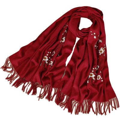 China 2021 Winter Comfortable Elegant Custom Chinese Style Embroidered Plum Blossom Tassel Imitate Warm Cashmere Shawl Scarf Muslims for sale