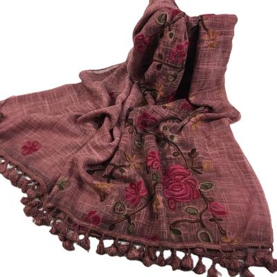 China Cotton Fashion Soft Tassel Embroidered Factory Dyed Knotting Breathable Cotton Shawls And Scarves Women for sale