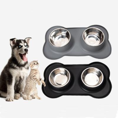 China Bone Stocked Silicone Mat Double Stainless Dog Bowl with Pet Feeding Bowl Non-Slip Waterproof Pet Dual-Use Mat for sale