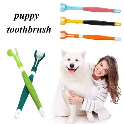 China Manufacturer Sustainable Pet Cleaning Teeth Brush Multi-angle Three Head Care Grooming Pet Toothbrush for sale