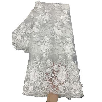 China Fashion Viable Design High Quality Handmade Beaded White 3D Flowers Lace Up Embroidery Tulle Fabric Wedding Dress Material For Women Dress for sale