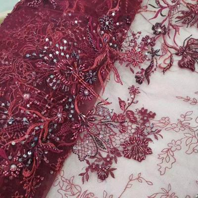 China Viable Luxury Design Flower Wine Red Handmade Beaded Embroidery Lace Fabric Tulle Mesh Textiles For Sewing Elegant Dress for sale