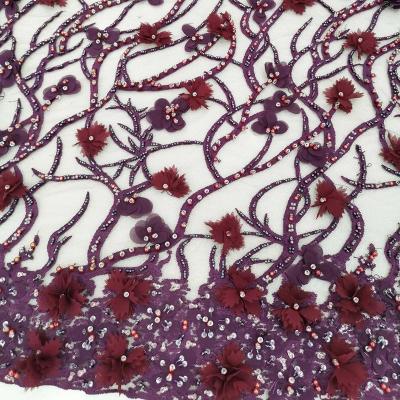 China Sustainable Purple 3D Handmade Flowers Beaded Lace Fabric Nigerian Women Party Evening Dress Trimmings Embroidery French Border Mesh Tulle for sale