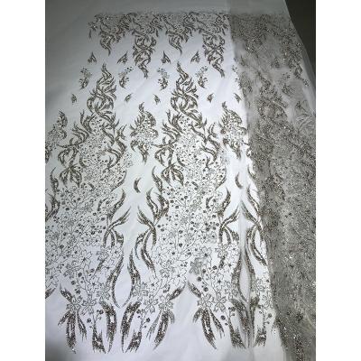 China Viable Peach/White and Shiny Rose Gold Crystal Tulle Mesh French Net Lace Fabric Latest Floral Rhinestone Glitter Dress Sewing Material for sale