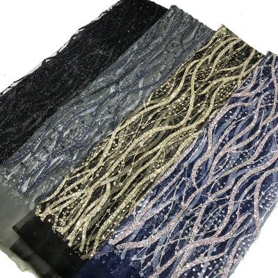 China Sustainable Fashion Black/Grey/Navy Striped Design Luxury Glitter Rhinestone Lace Up Tulle Fabric Crystal Mesh Dresses Textiles Wholesale for sale