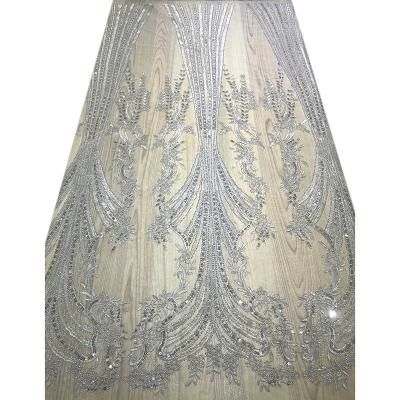 China African French Luxury Beaded Embroidery Long Lasting Guipure Sequins Lace Up White Tulle Fabric Women Wedding Party Dress Sewing Material for sale