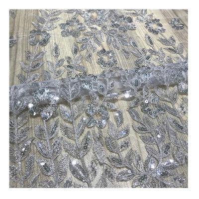 China Viable French White Heavy Beaded Floral Dress Wedding Party Sequin Tulle Embroidery Lace Fabric Luxury Sewing Sewing Lasted Material for sale