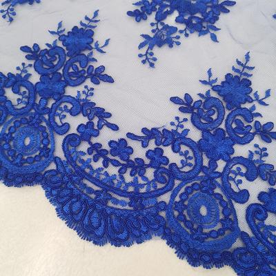 China Viable Wholesale Elegant Royal Blue Bridal Lace Embroidery Tulle Fabric For Dresses for sale