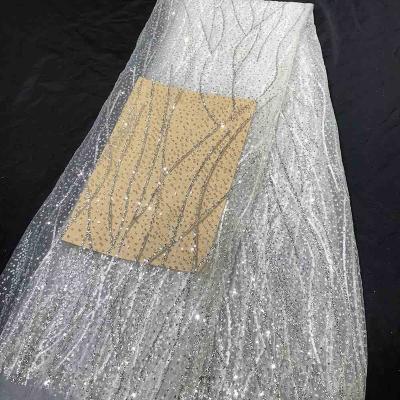 China Striped Mesh Tulle Silver Platinum Glitter Viable White Lace Fabric Women Dress Polyester Textiles For Wedding Dress Garment Accessories for sale