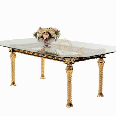 China European Family Gold Copper Table Hotel Wedding Simple Design Slipcovered Style Rectangular Glass Table for sale