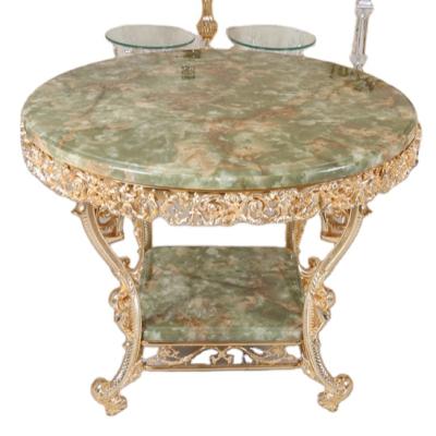 China Royal Luxury Elegant Wedding Slipcovered Table With Gold And Copper Around Marble Top And Chair Design for sale