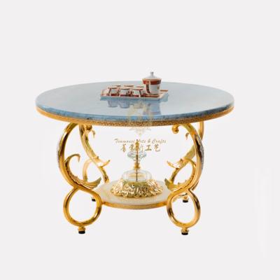 China European Elegant Slipcovered Design Ocean Star Wedding Hotel Family Dining Table With Gold Copper Frame Around Marble Top for sale