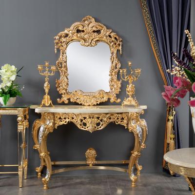 China Contemporary Luxury Palace Style Vintage Marble-topped Gold Copper Console Matching Vanity Mirror One Set for sale