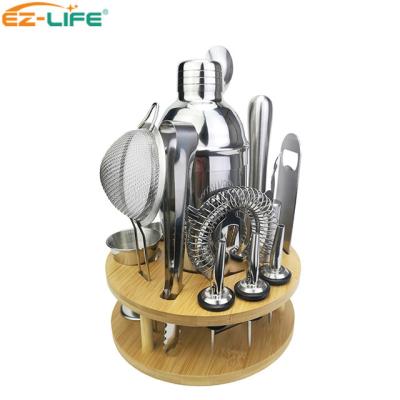 China 2021 Viable New Arrive Bar Accessories Sets Cocktail Shaker Bar Tool With Bamboo Stand Set For Fathers Day Gifts 15 Pcs/Set for sale