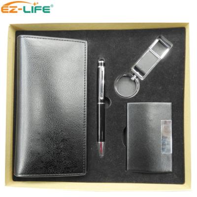 China Business Gift Fashion Gift Box Packaging Metal Key Chain Leather Card Holder Pen Kit Long Wallet for sale