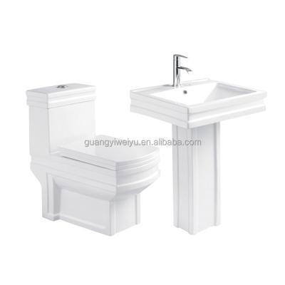 China Double-flush Africa Square Bathroom Set Sanitaryware Ceramic Lavatory Standing Pedestal Wash Basin Set For Suite Hotel for sale